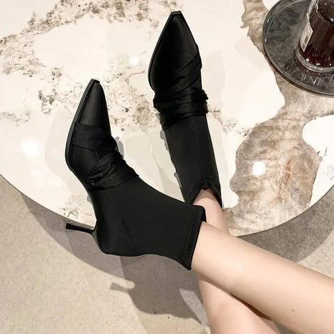 Sonicelife Retro Women Ankle Boots Fashion Pointed Toe Shoes Autumn High Heel Ladies Elegant Stretch Slim Short Booties Botas De Mujer