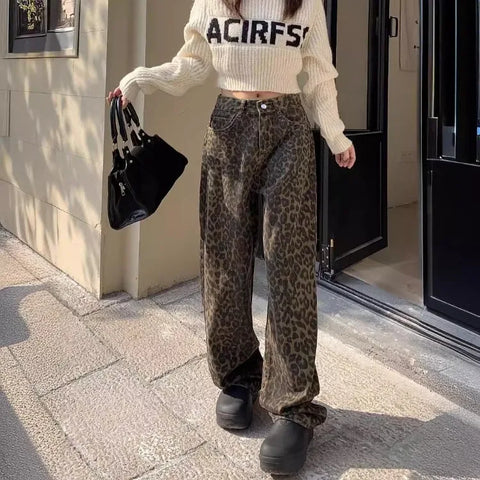 Sonicelife Retro Spring Trendy Leopard Print Jeans Women's American High Street Trousers Y2K Harajuku Style Baggy  Waist Casual Pants