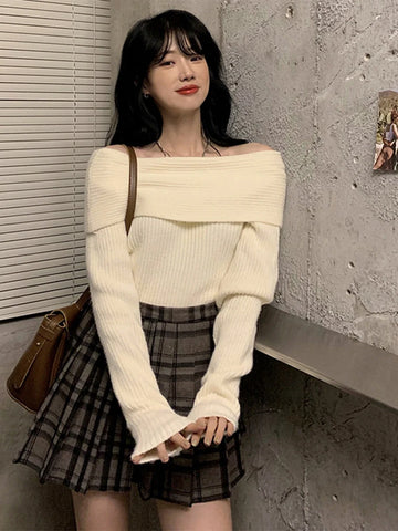 Sonicelife Chic Off Shoulder Knitting Sweater Women Elegant Slim Pullover for Female 2024 Spring Autumn Casual Warm Knitwear Jumper Tops