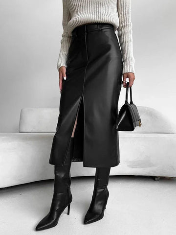 Sonicelife Sonicelife Autumn Winter Women Sexy Midi Leather Skirts Solid High Waist Office Pencil Long Slit Skirt For Women