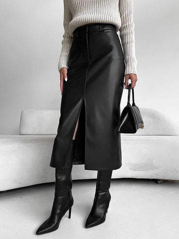 Sonicelife Aynaray 2024 Autumn Winter Women Sexy Midi Leather Skirts Solid High Waist Office Pencil Long Slit Skirt For Women