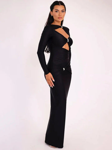 Sonicelife Elegant Hollow Out Long Sleeve Sexy Maxi Dress For Women Solid Color Slim Fit Cut Out Club Party Long Dress New