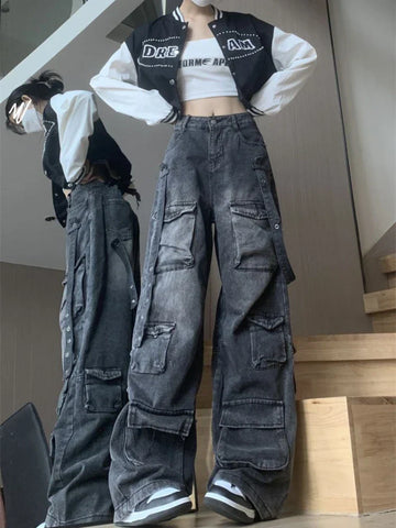 Sonicelife New Multi-pocket High Street American Tooling Wide-leg Jeans Female Y2K Street Punk Style Loose Street Brand Washing Old Pants