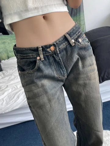 Sonicelife Summer New Loose Straight Bell Bottom Jeans Y2k Sexy Low-waisted Wide Leg Pants Fashion Vintsge Blue Denim  for Women