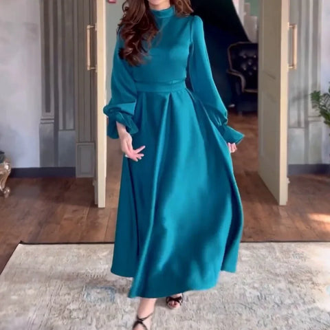 Sonicelife Dresses Solid Color Long Sleeved Stand Up Collar Dress Women 2024 New Summer Office Lady Elegant Vestidos High Waisted Loose