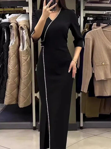 Sonicelife Dress Women Black Party Long Dresses Diamond V Neck Full Sleeve Split Elegant Splice Hot Drilling Vestidos Night 2024 Spring