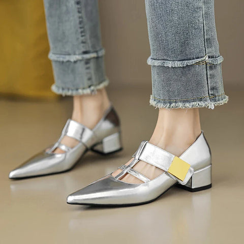 Sonicelife NEW Spring/Autumn Women Pumps Split Leather Shoes for Women Pointed Toe Chunky Heel Shoes Metal Buckle Mary Janes Handmade Shoes