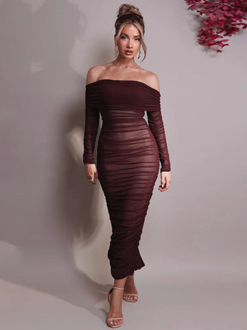 Sonicelife Off-shoulder Long Sleeve Sexy Maxi Dress For Women Autumn New Strapless Backless Bodycon Ruched Party Long Dress