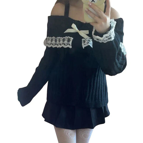 Sonicelife Kawaii Lace Trim Off Shoulder Pullovers Pretty Cute Outfits Harajuku Cosplay Sweater Y2K Aesthetic Vintage Long Sleeve Jumpers