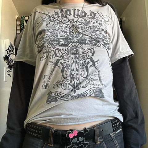 Sonicelife 2000s Retro Mall Goth Graphic Print Loose Tops Cyber Y2K Grunge Vintage Oversize T-shirt Fake 2 Pice Patchwork Long Sleeve Tees