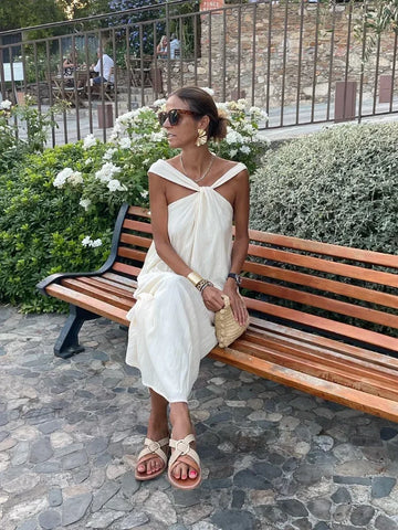 Back To School Sonicelife Summer Solid Off Shoulder Halter Dress Women Fashion Solid Off Shoulder Backless Maxi Dresses 2024 New Lady Holiday Streetwear