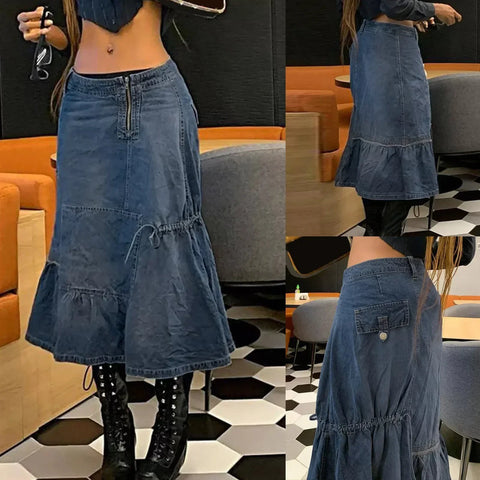 Sonicelife Women Skirts Denim Solid Color Vestidos Draw String Slim Party Dress Flounced Edge Sexy Wrap Buttocks High Street Patchwork