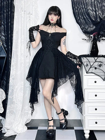 Sonicelife Women's Gothic Dress Short New Fashion Diablo Style Music Festival Flutter Belt Splicing Design Lace Shrink Puffy Hem Dresses