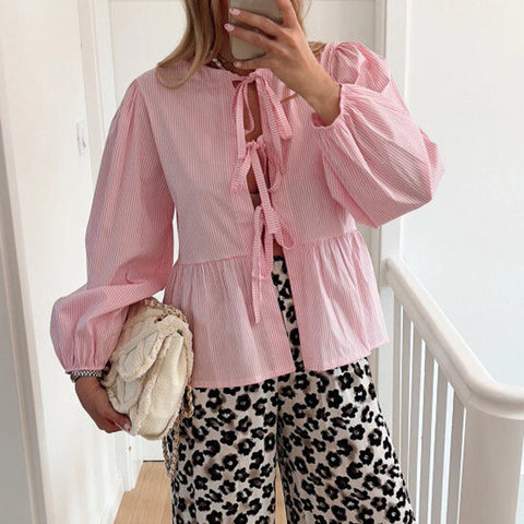 Sonicelife Women's Kawaii Elegant Flare Shirt Puff Long Sleeve Front Bow Knot Tie-up Loose Blouse Fall Tops for Casual Daily