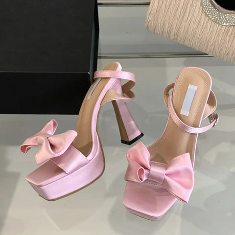 Sonicelife-2024 New Brand Super High Heels Sexy Sandals Fashion Pink Silk Bowknot Square Open Toe Chunky Platform Shoes Women Pumps
