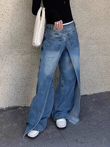 Sonicelife Oversize American Blue Jeans for Women 2024 Spring New Fake Two Piece Denim Pants Y2k E-Girl High Waist Loose Wide Leg