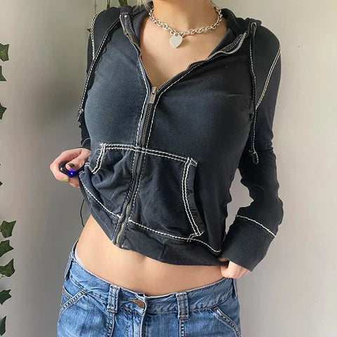 Back To School Sonicelife Harajuku Vintage Zip Up Hoodies 90s Aesthetics Y2K Sweatshirts with Pockets E-girls Dark Academia Grunge Coat Crop Top