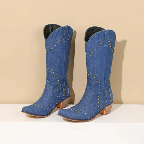 Sonicelife-2024 new autumn winter Women mid-calf boots plus size 22-26.5CM denim/PU modern boots RIVET side zip Thick heel western boots