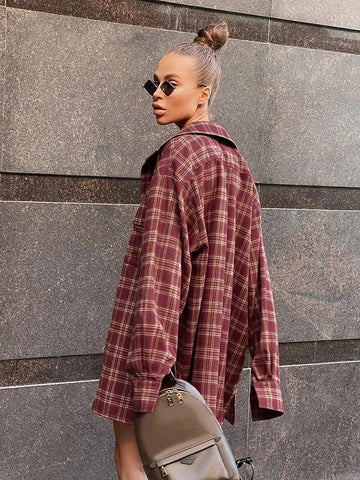 Sonicelife 2024 Autumn Winter Women Casual Oversized Plaid Shirt Long Sleeve Ladies Tops Loose Fit Long Blouse For Woman