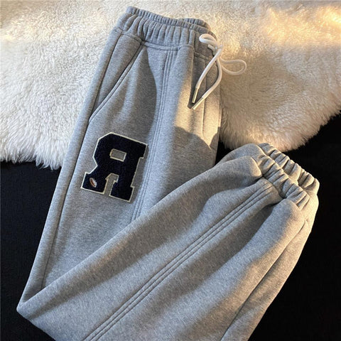Sonicelife Letter Embroidery Woman Pants High Street Retro Loose Flocking Sweatpants Women Casual All-match Beam Feet Women Bottoms Pants