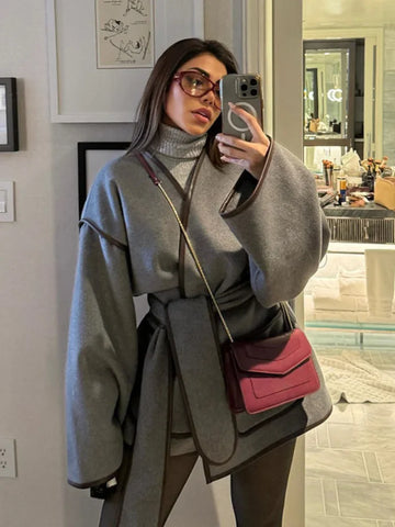 Back To School Sonicelife Elegant V-neck With Belt Demi-season Jacket For Women Fashion Solid Leather Edge Full Sleeves Coats 2024 New High Streetwear