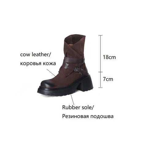 Sonicelife NEW Autumn Boots Women Genuine Leather Round Toe Platform Boots Belt Buckle Casual Boots Solid Thick Heel Short Boots for Women