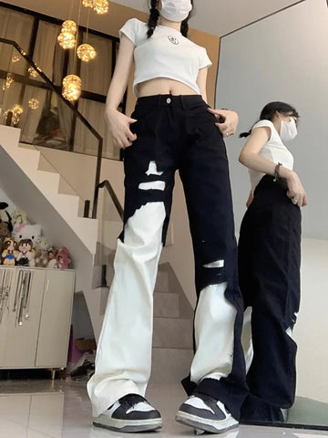 Sonicelife Trend Street Black White Denim Pants Women Y2k E-Girl High Waist Irregular Trousers Summer Loose Straight Wide Leg  Jeans