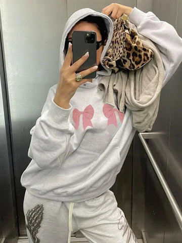 Back To School Sonicelife Kawaii Bow Print Hoodies Women Y2k Long Sleeve Sweatshirt Oversized Sweet Girl Causal Loose Autumn Winter Clothes Ins