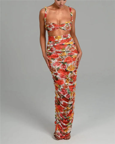 Sonicelife Floral Spaghetti Straps Bra Top and Skirt Set