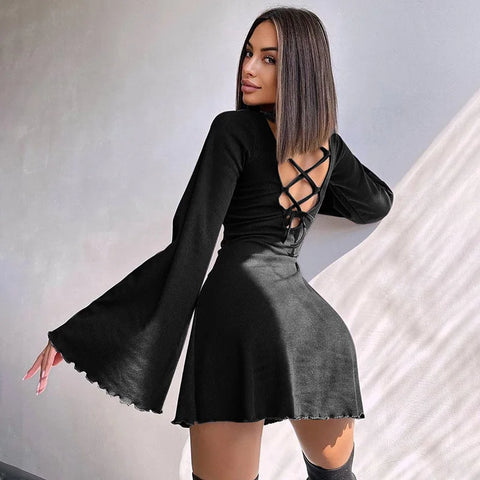 Sonicelife Women's Gothic Directional Design Dress New Dark Style Backless Tie Flared Sleeve Short Dress
