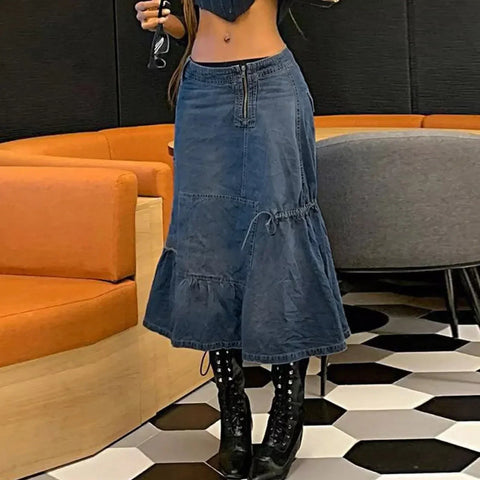 Sonicelife Women Skirts Denim Solid Color Vestidos Draw String Slim Party Dress Flounced Edge Sexy Wrap Buttocks High Street Patchwork
