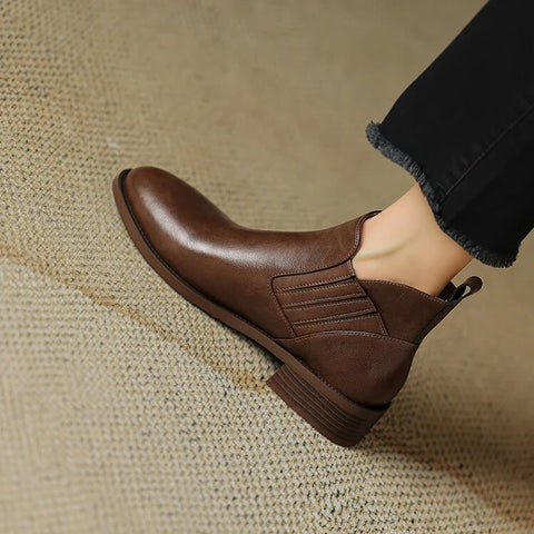 Sonicelife NEW Autumn Women Boots Round Toe Chunky Heel Boots Women Split Leather Shoes for Women Retro Slip-on Ankle Boots сапоги женские