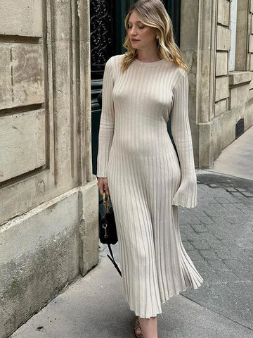 Back To School Sonicelife Women Elegant Solid Pleated Knitted Maxi Dress Casual Round Neck Long Sleeve Lace Up Dresses 2024 Autumn Lady High Street Robes