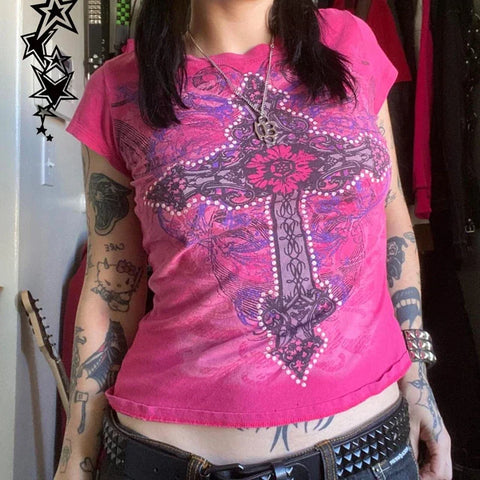 Sonicelife Japanese Kawaii Grunge Baby Tees 2000s Retro Cyber Y2K Cross Print T-shirt Mall Goth Vintage Short Sleeve Crop Tops Streetwear
