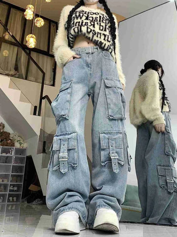 Sonicelife American Style Street Pocket Denim Cargo Pants Y2k E-Girl High Waist Jeans for Women 2024 Summer New Loose Wide Leg