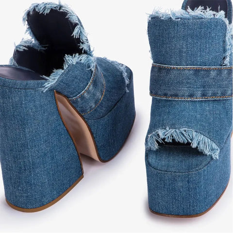 Sonicelife-Women's New Square Head Open Toe Denim Fabric Ultra High Thick Heel Thick Waterproof Platform Fashion Outwear Slippers