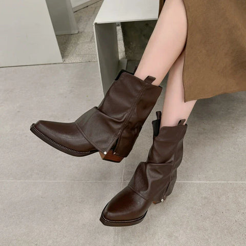 Sonicelife NEW Autumn Women Boots Split Leather Shoes for Women Pointed Toe Chunky Heel Shoes Slip-on Short Boots Retro Rivet Pants Boots