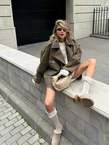 Sonicelife Casual Lapel Zipper Long Sleeve Women's Coats Vintage Loose Commuting Fashion Jackets Autumn Winter Female Office Street Outwear
