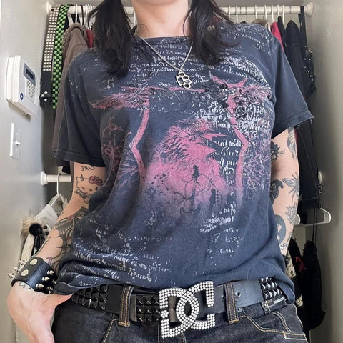 Sonicelife Japanese Kawaii 00s Retro Skater T-shirt Y2K Grunge Cyber Goth Tee Vintage Skull Graphic Short Sleeve Crop Tops Women Streetwear