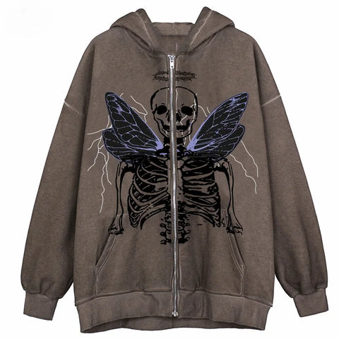 Sonicelife Y2K Aesthetic Zip Up Sweatshirts E-girl Gothic Grunge Emo Skeletons Wings Print Oversized Hoodies Autumn Long Sleeve Coat Top