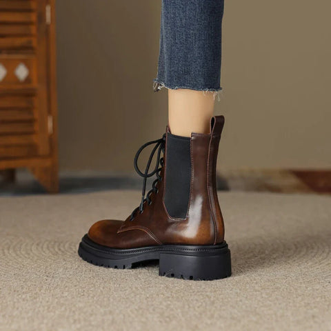 Sonicelife NEW Autumn Women Boots Split Leather Shoes for Women Round Toe Thick Heel Shoes Zipper Short Boots Casual Black Platform Boots