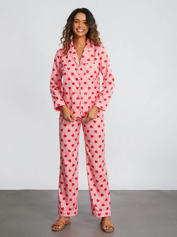 Sonicelife Heart Print Two-Piece Pajama Sets for Women Spring Fall Loungewear for Valentine's Day Long Sleeve Button Closure Top with Pants