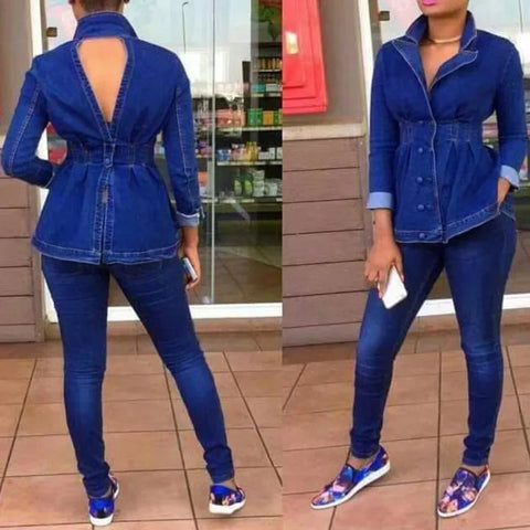 Sonicelife Casual Denim Jeans 2 Piece Set Suit Women Denim Two Pieces Set V-Neck Long Sleeve Jeans Top&Long Pants Slim Tracksuit Outfits