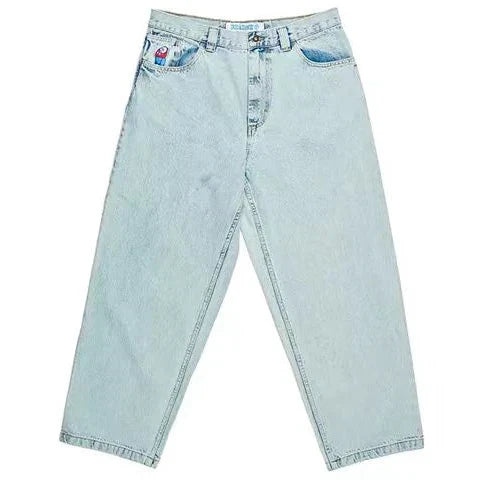 Sonicelife Polar Skateboard Big Boy Pocket Embroidered Jeans Men Women Retro Hip Hop Cartoon Graphic Oversized Jeans Y2K Straight Trousers
