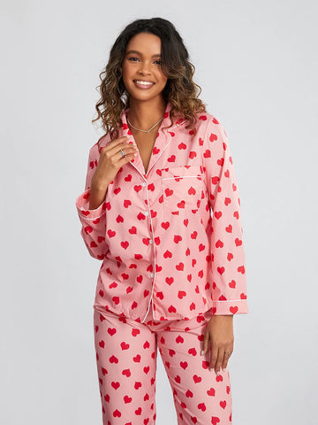 Sonicelife Heart Print Two-Piece Pajama Sets for Women Spring Fall Loungewear for Valentine's Day Long Sleeve Button Closure Top with Pants