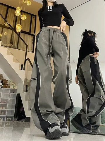 Sonicelife Y2K Line Design Pant Women Drawstring Pockets Wide Leg Chic Punk Pants Baggy Striped Sports Sweatpants Parachute Jogger Trousers