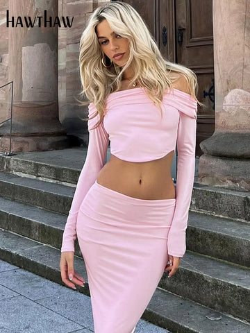 Sonicelife Women 2024 Spring Autumn Long Sleeve Crop Tops Long Skirts Two Piece Matching Sets Outfits Wholesale Items For Business