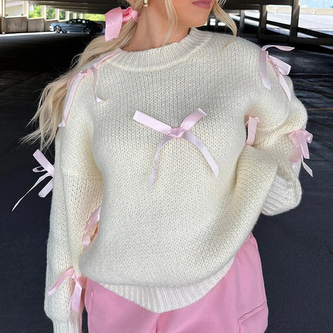 Sonicelife Vintage Y2K Cottage Knitwear Tops Streetwear Pink Ribbon Bowknot Knitted Sweater Women Girl Autumn Winter Long Sleeve Pullovers