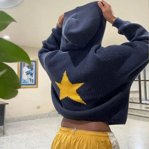 Back To School Sonicelife 2024 Fall Fashion  Hip Hop Knitted Sweater 2024 Harajuku Fashion Star Pattern Printed Loose Top Casual Street Hooded Pullover Y2k Clothing