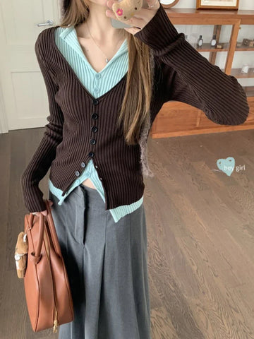 Black Friday Sonicelife Y2K Brown and Mint Green Fake Two Pieces Knitwear Slim Button Up Cardigan Autumn Winter Ribbed Sweater Women Korean Chic